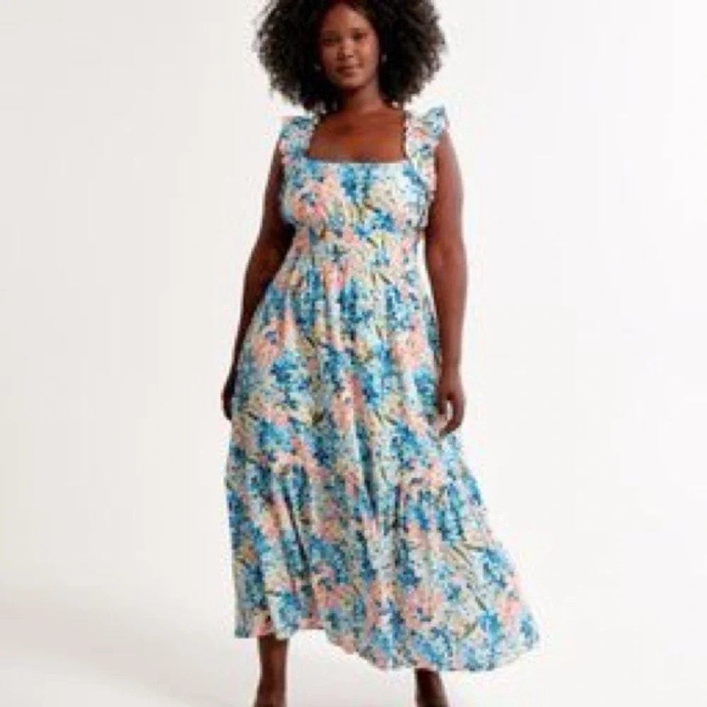 Abercrombie & Fitch Floral Smocked Maxi Dress‎ Blue Pink Ruffle XS 159D2300